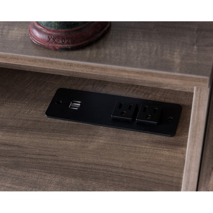Multifunctional Wooden Desk with Electric Outlet and Trestle Base, Brown