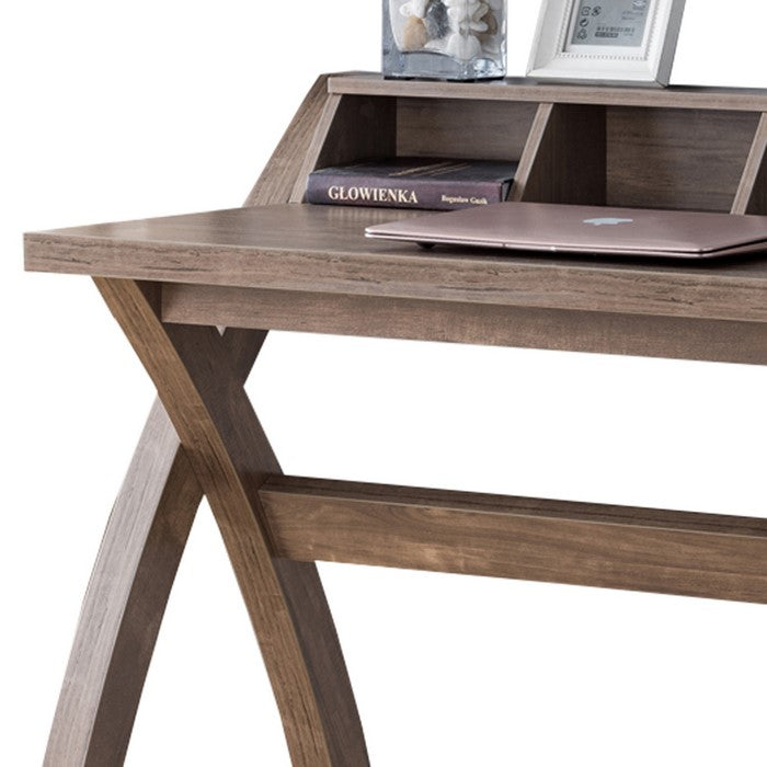 Multifunctional Wooden Desk with Electric Outlet and Trestle Base, Brown