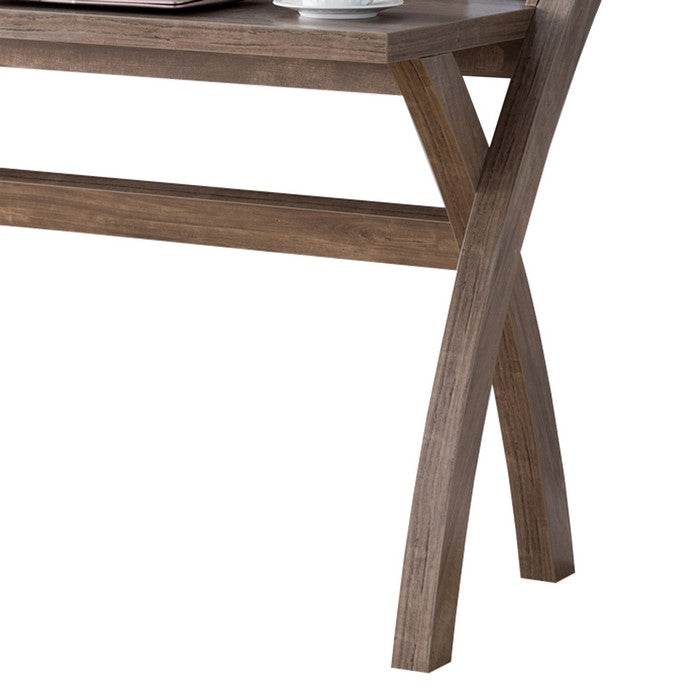 Multifunctional Wooden Desk with Electric Outlet and Trestle Base, Brown