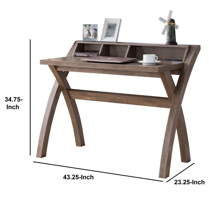 Multifunctional Wooden Desk with Electric Outlet and Trestle Base, Brown