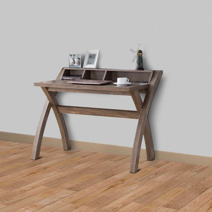 Multifunctional Wooden Desk with Electric Outlet and Trestle Base, Brown