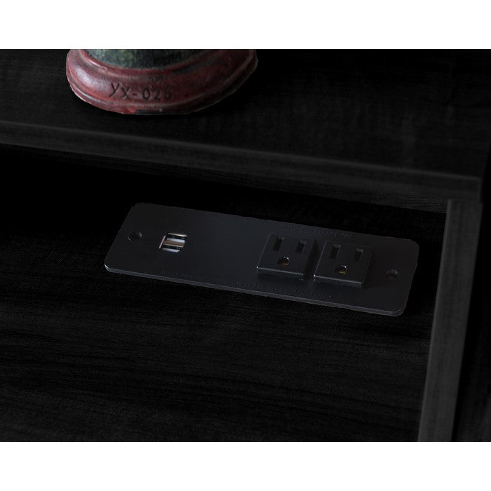 Multifunctional Wooden Desk with Electric Outlet and Trestle Base, Black