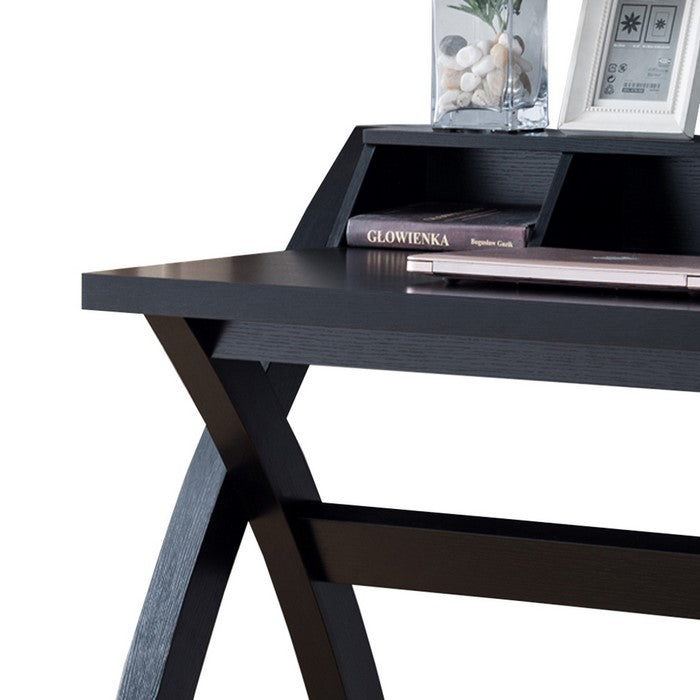 Multifunctional Wooden Desk with Electric Outlet and Trestle Base, Black