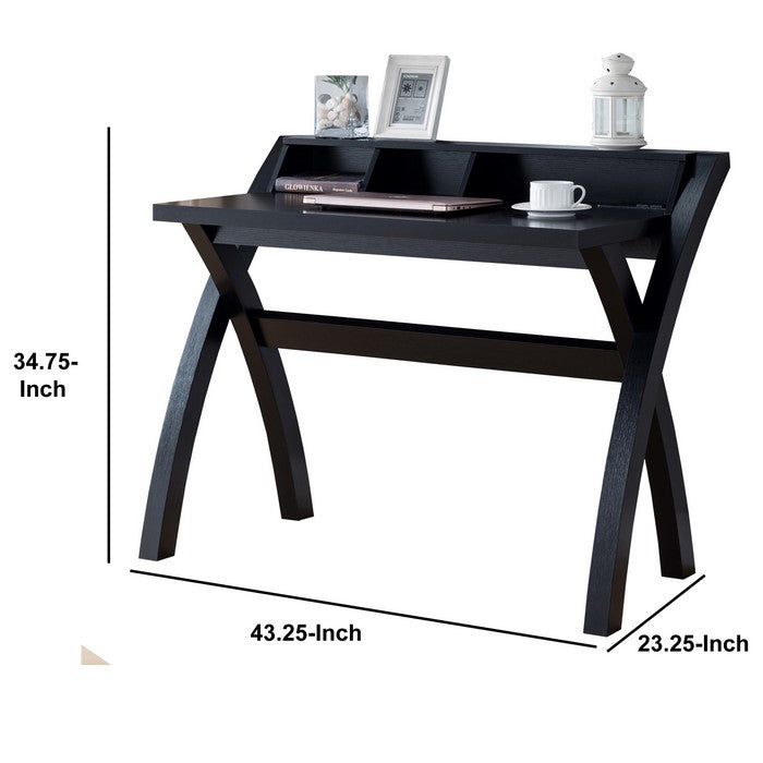 Multifunctional Wooden Desk with Electric Outlet and Trestle Base, Black
