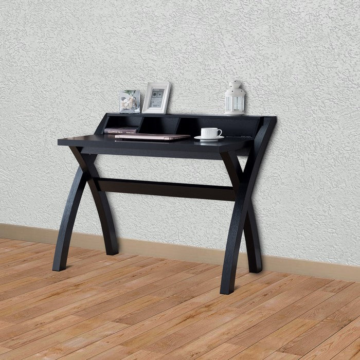 Multifunctional Wooden Desk with Electric Outlet and Trestle Base, Black
