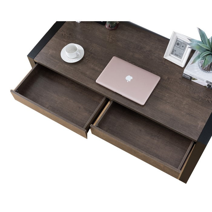 Rectangular Wooden Desk with Electric Outlet and Sled Leg Support, Black and Brown