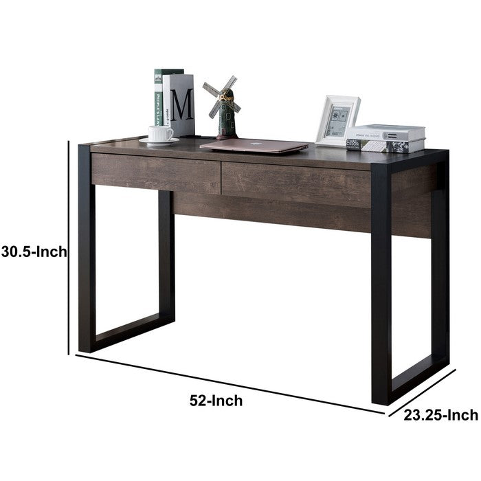 Rectangular Wooden Desk with Electric Outlet and Sled Leg Support, Black and Brown