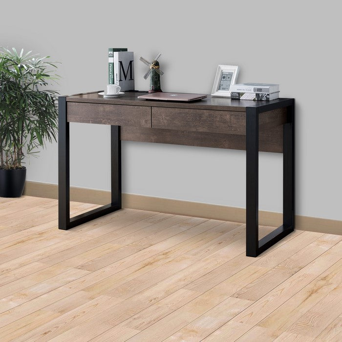 Rectangular Wooden Desk with Electric Outlet and Sled Leg Support, Black and Brown