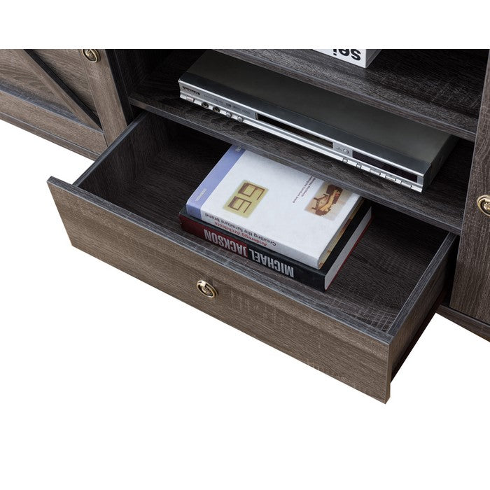 Transitional Wooden TV Stand with Two Side Door Cabinets and Spacious Storage, Gray