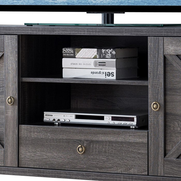 Transitional Wooden TV Stand with Two Side Door Cabinets and Spacious Storage, Gray