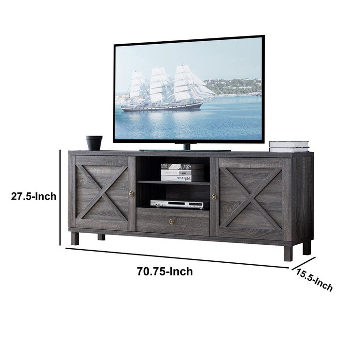 Transitional Wooden TV Stand with Two Side Door Cabinets and Spacious Storage, Gray