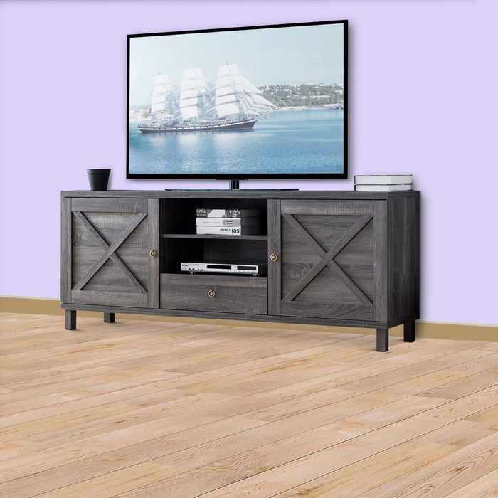 Transitional Wooden TV Stand with Two Side Door Cabinets and Spacious Storage, Gray