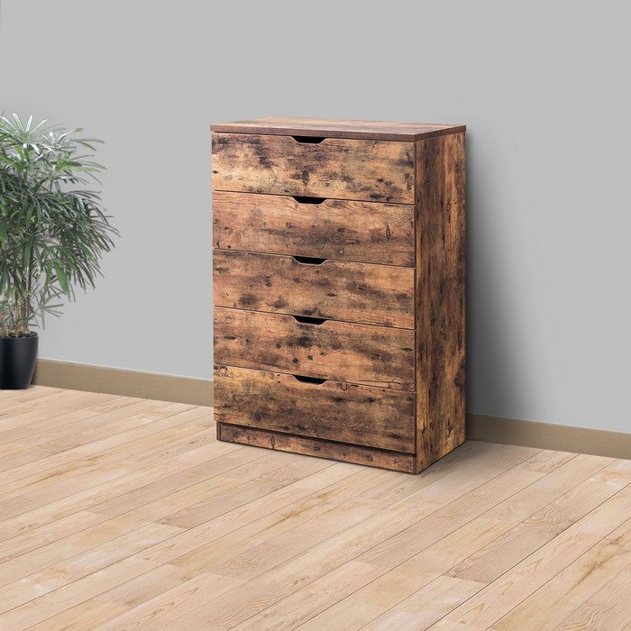 Commodious Five Drawers Wooden Utility Chest with Metal Glides, Brown