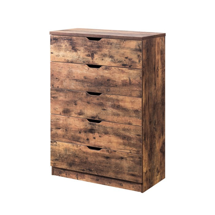 Commodious Five Drawers Wooden Utility Chest with Metal Glides, Brown