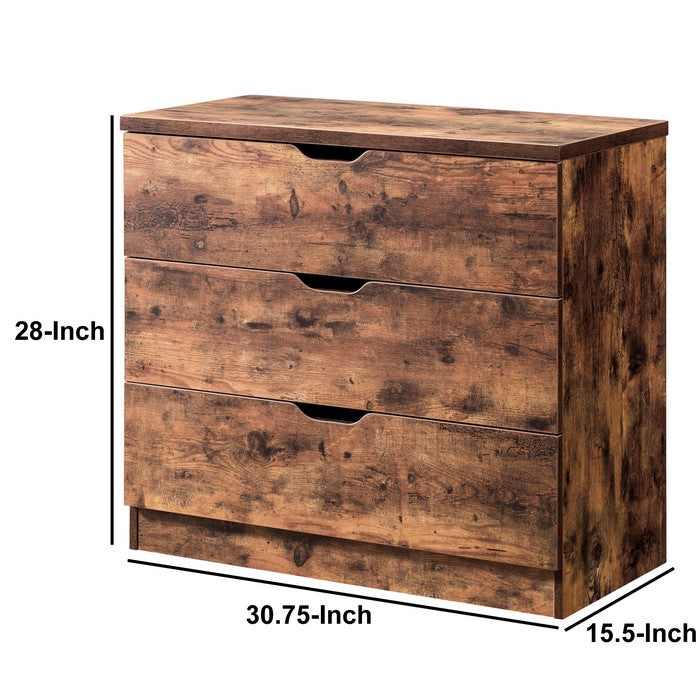 Rustic Style Wooden Nightstand with Three Drawers and Cutout Handles, Brown