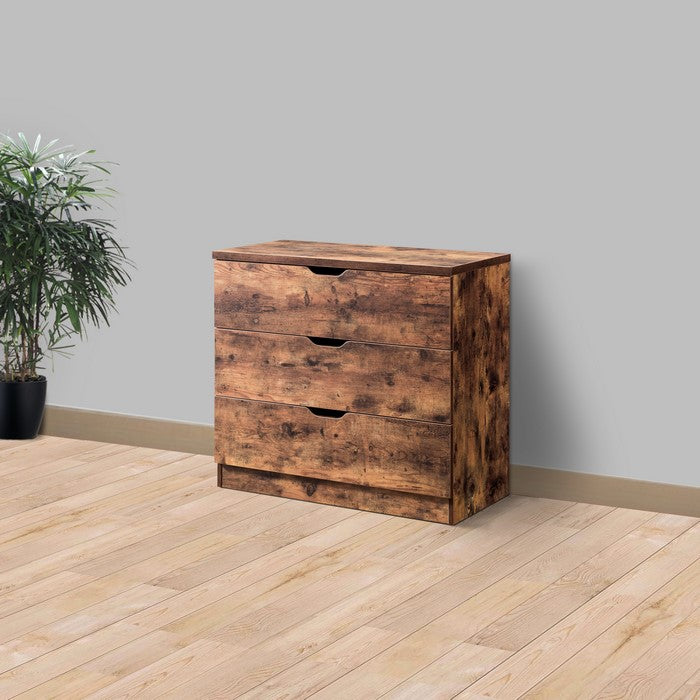 Rustic Style Wooden Nightstand with Three Drawers and Cutout Handles, Brown