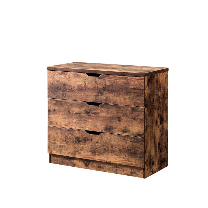 Rustic Style Wooden Nightstand with Three Drawers and Cutout Handles, Brown