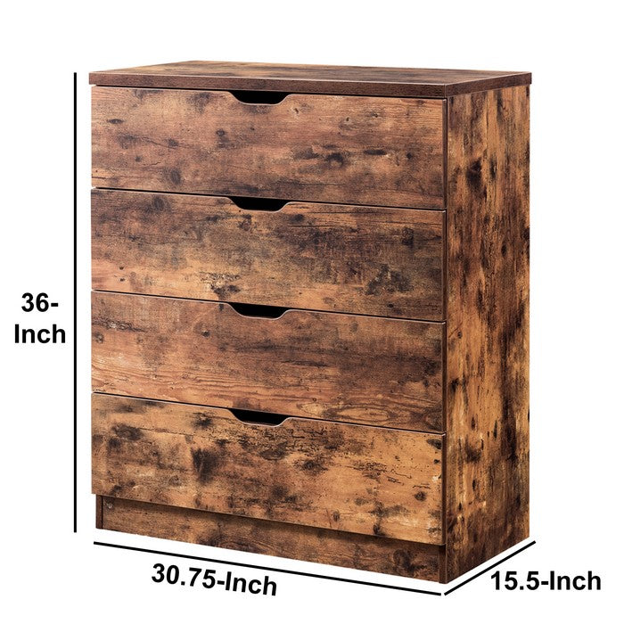Rustic Style Four Drawers Wooden Utility Chest with Cutout Handles, Brown
