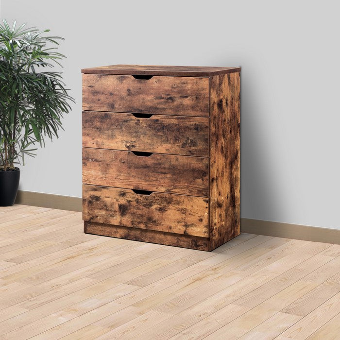 Rustic Style Four Drawers Wooden Utility Chest with Cutout Handles, Brown