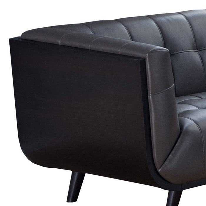 Modern Leatherette Upholstered Wooden Loveseat with Tufted Detailing, Gray and Black