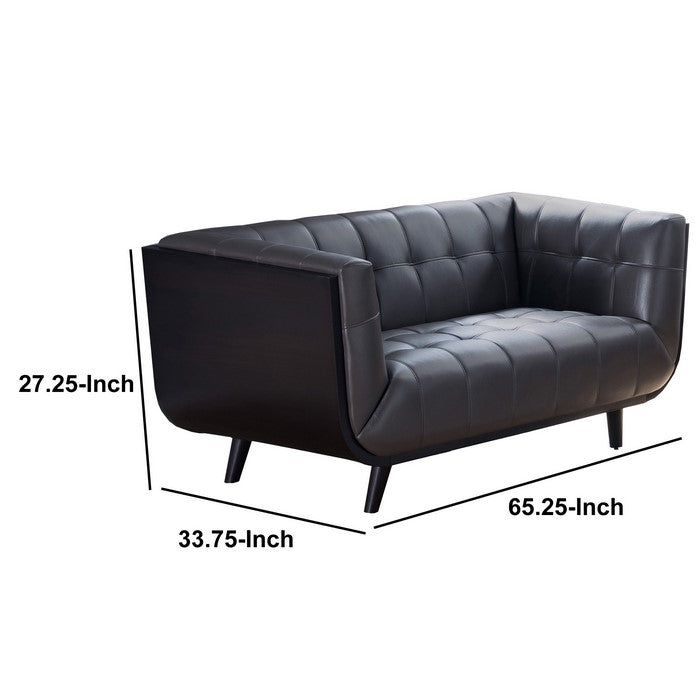 Modern Leatherette Upholstered Wooden Loveseat with Tufted Detailing, Gray and Black
