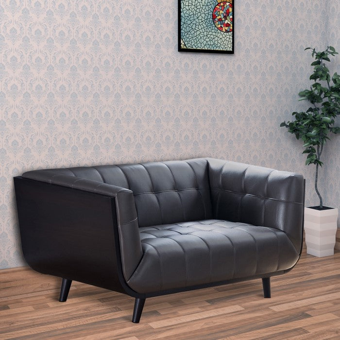 Modern Leatherette Upholstered Wooden Loveseat with Tufted Detailing, Gray and Black