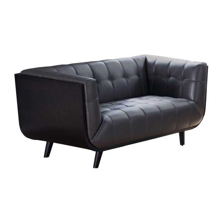 Modern Leatherette Upholstered Wooden Loveseat with Tufted Detailing, Gray and Black