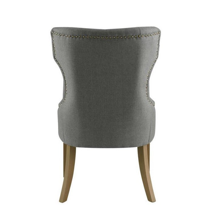 Polyester Upholstered Wooden Dining Chair with Button Tufted Wing Back, Gray and Brown