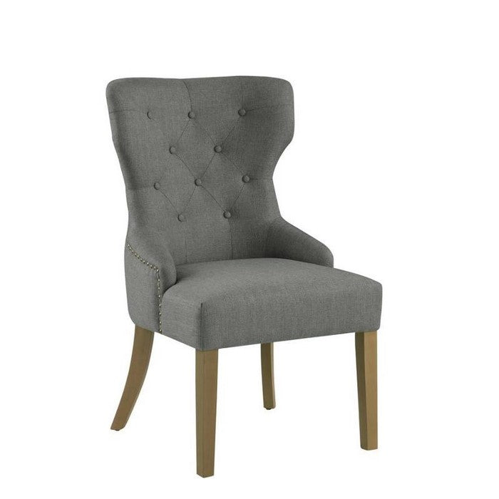 Polyester Upholstered Wooden Dining Chair with Button Tufted Wing Back, Gray and Brown