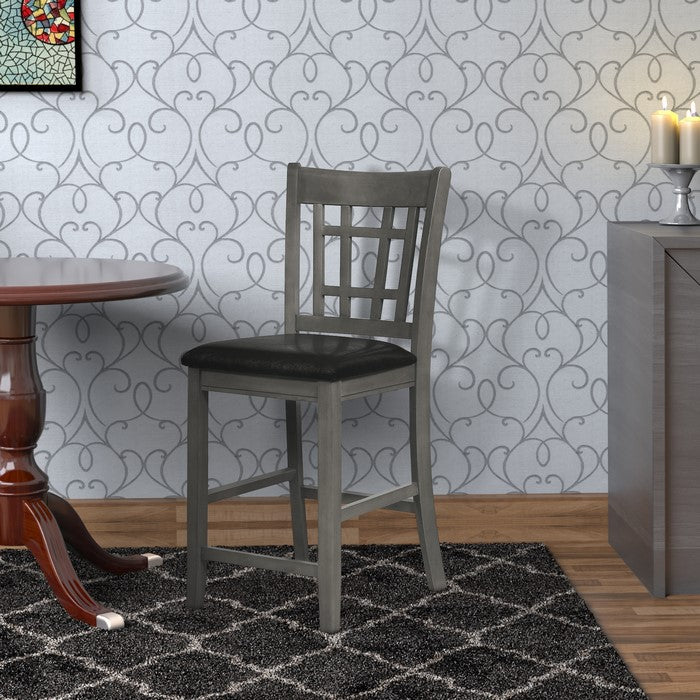 Cutout Back Wooden Counter Height Chair with Leatherette Seat, Gray and Black, Set of Two