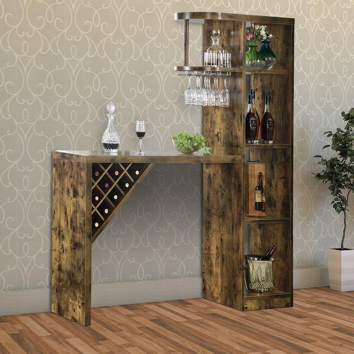 Wooden Bar Unit With Open Compartments and Diagonal Wine Section, Brown