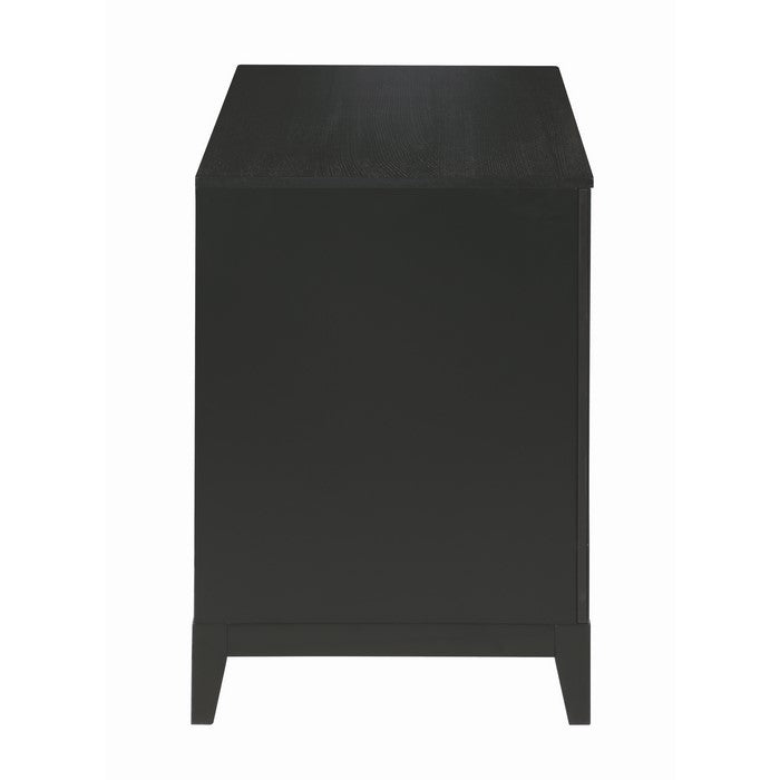 Wood and Metal Server with Mirrored Doors and Geometric Designs, Black and Gold