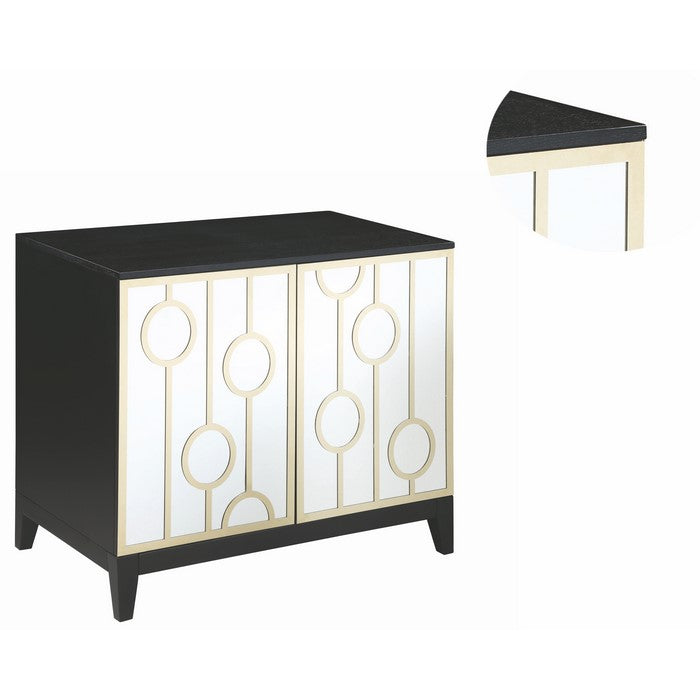 Wood and Metal Server with Mirrored Doors and Geometric Designs, Black and Gold