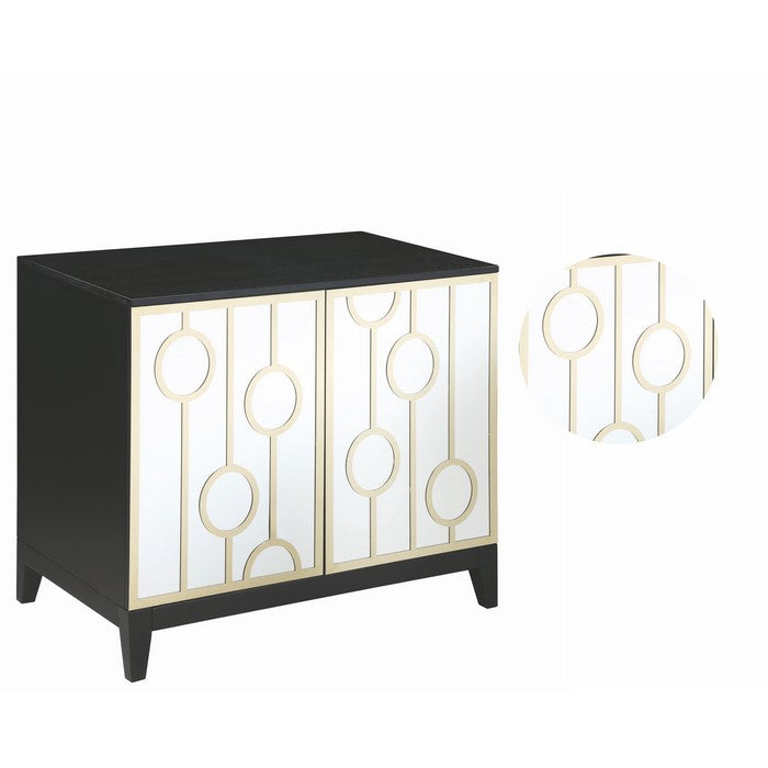 Wood and Metal Server with Mirrored Doors and Geometric Designs, Black and Gold