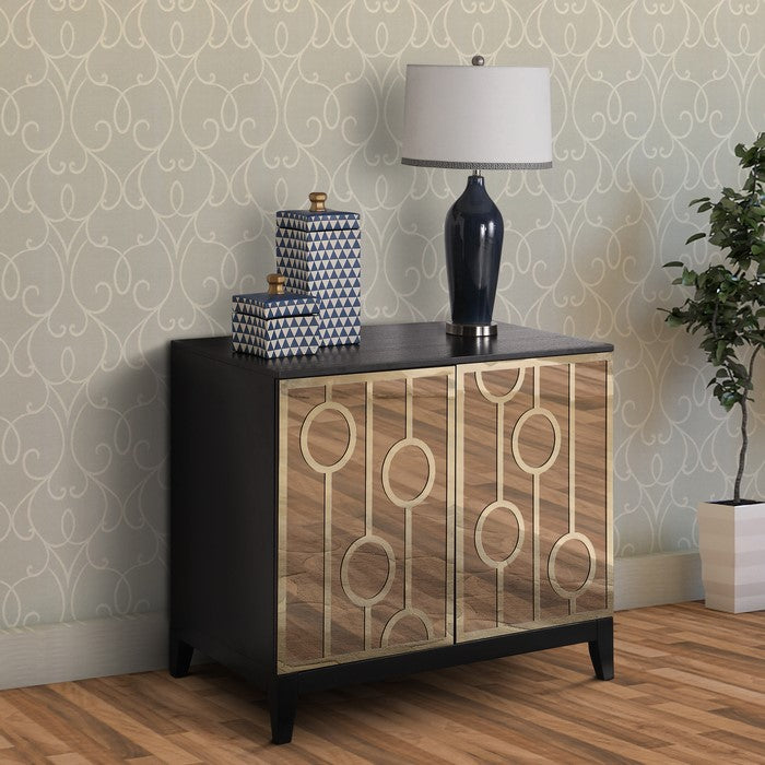 Wood and Metal Server with Mirrored Doors and Geometric Designs, Black and Gold