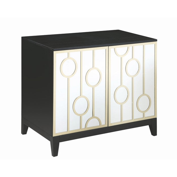 Wood and Metal Server with Mirrored Doors and Geometric Designs, Black and Gold