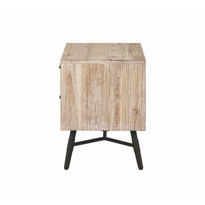 Two Drawer Wooden Nightstand with Metal Angled Legs, Brown and Black