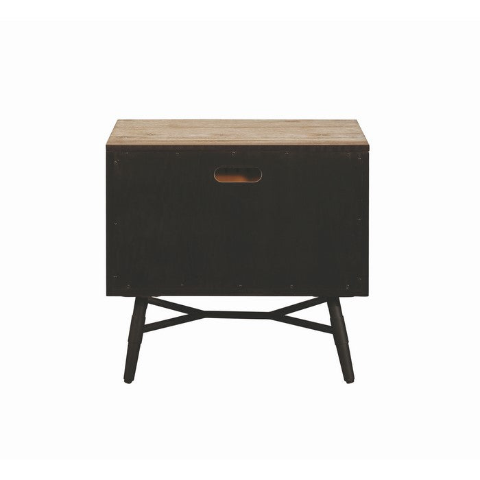 Two Drawer Wooden Nightstand with Metal Angled Legs, Brown and Black
