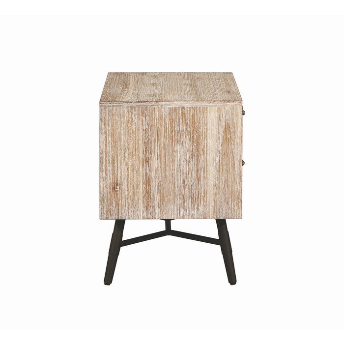 Two Drawer Wooden Nightstand with Metal Angled Legs, Brown and Black