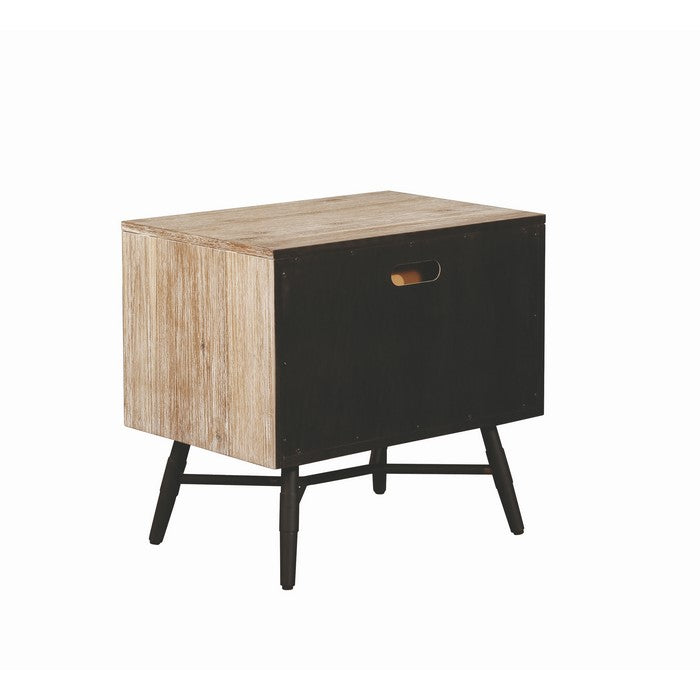 Two Drawer Wooden Nightstand with Metal Angled Legs, Brown and Black