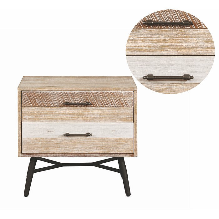 Two Drawer Wooden Nightstand with Metal Angled Legs, Brown and Black