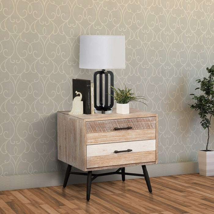 Two Drawer Wooden Nightstand with Metal Angled Legs, Brown and Black