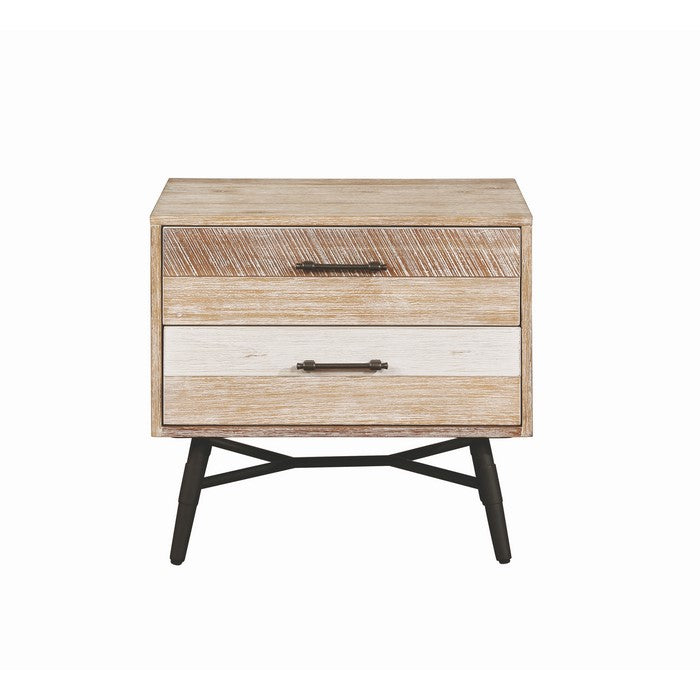 Two Drawer Wooden Nightstand with Metal Angled Legs, Brown and Black