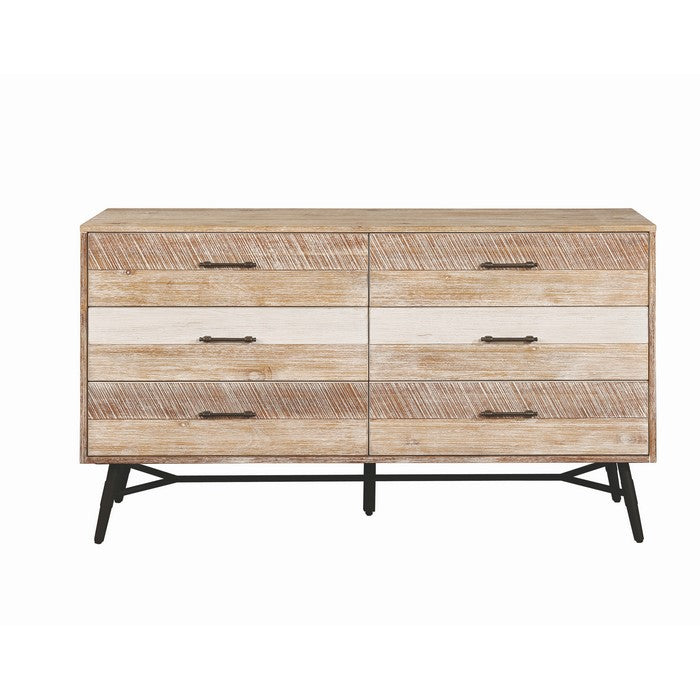Six Drawer Wooden Dresser with Metal Angled Legs, Brown and Black