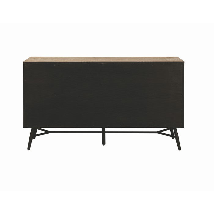 Six Drawer Wooden Dresser with Metal Angled Legs, Brown and Black