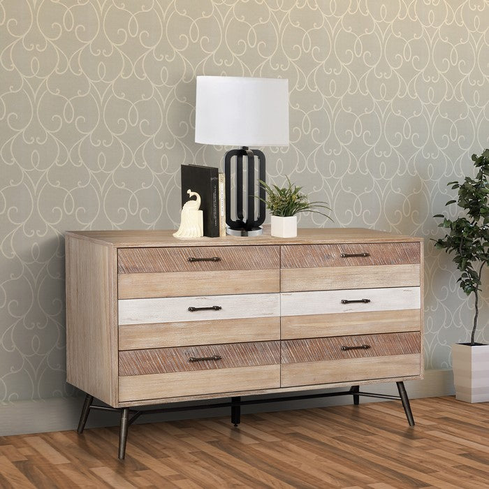 Six Drawer Wooden Dresser with Metal Angled Legs, Brown and Black