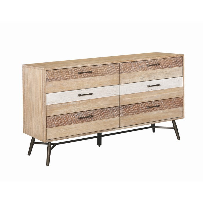 Six Drawer Wooden Dresser with Metal Angled Legs, Brown and Black