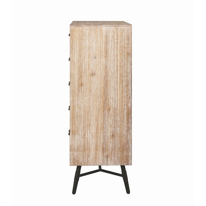 Five Drawer Wooden Dresser with Metal Angled Legs, Brown and Black