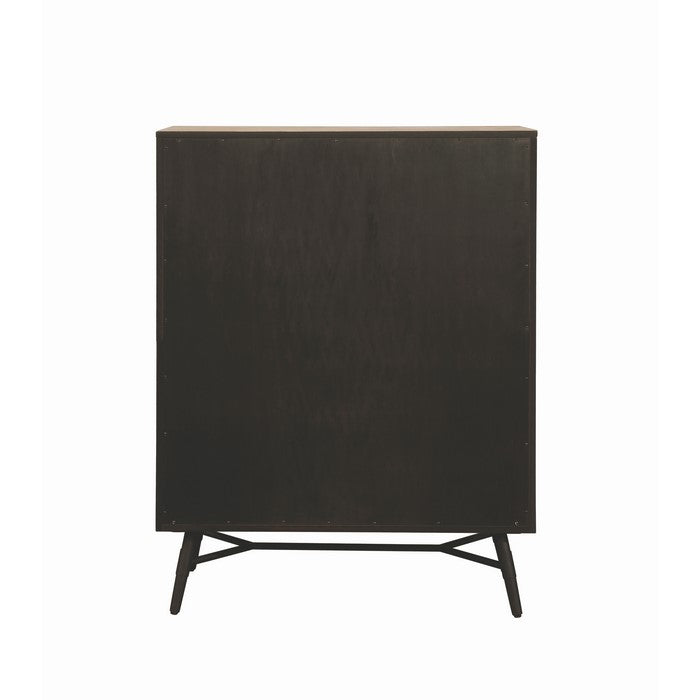 Five Drawer Wooden Dresser with Metal Angled Legs, Brown and Black