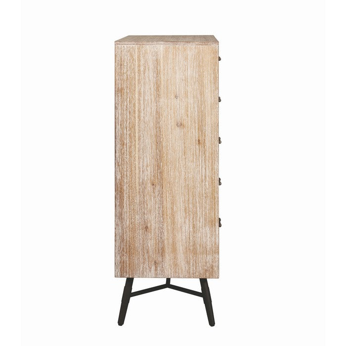 Five Drawer Wooden Dresser with Metal Angled Legs, Brown and Black